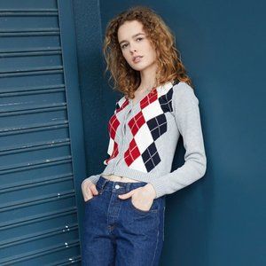 Brandy Melville Red White Navy Blue Gray Elizabeth Argyle Cardigan - OS
